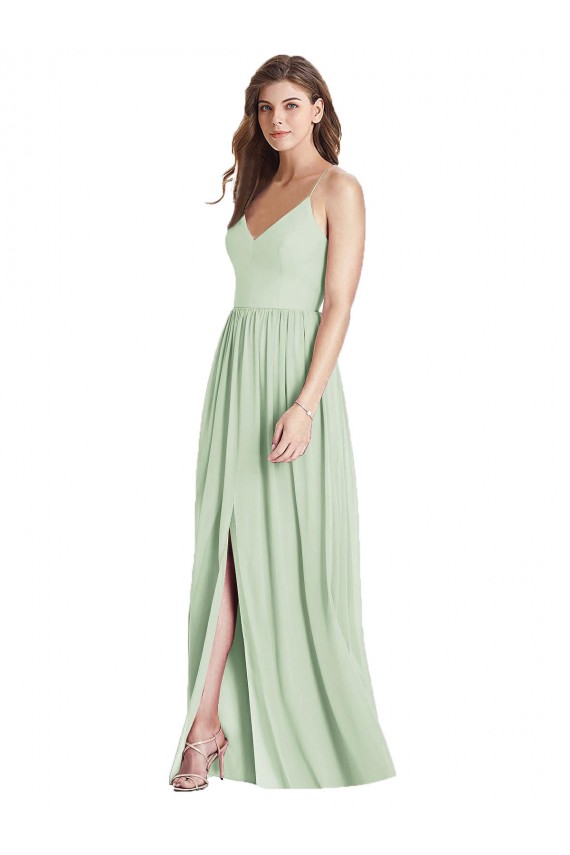 Affordable Sleeveless V-Neck Soft Chiffon Sage Long Semi Formal Evening Dress
