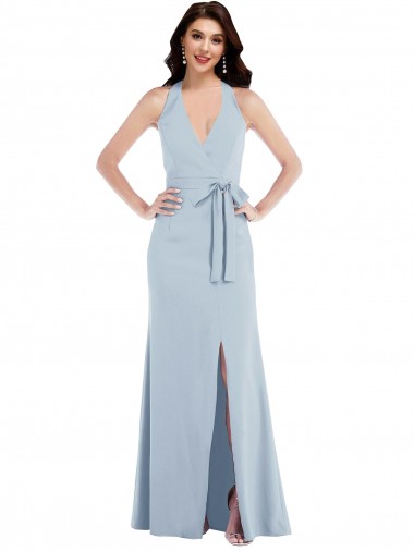 Affordable Sleeveless V-Neck Stretch Crepe Light Sky Blue Long Formal Evening Dress