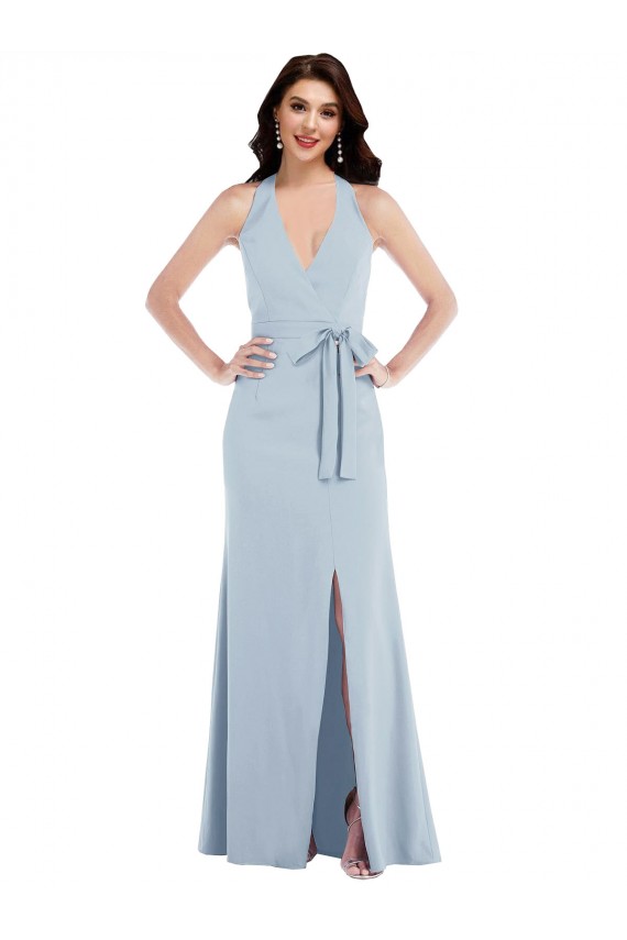 Affordable Sleeveless V-Neck Stretch Crepe Light Sky Blue Long Formal Evening Dress