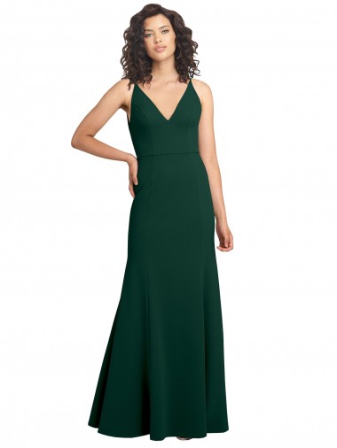 Affordable Sleeveless V-Neck Stretch Crepe Midnight Green Long Formal Dress