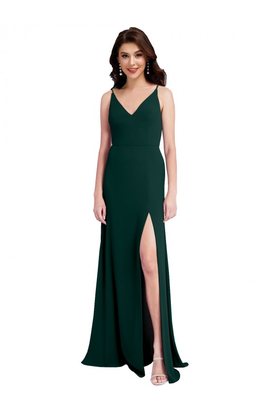 Affordable Sleeveless V-Neck Stretch Crepe Midnight Green Long Formal Evening Dress
