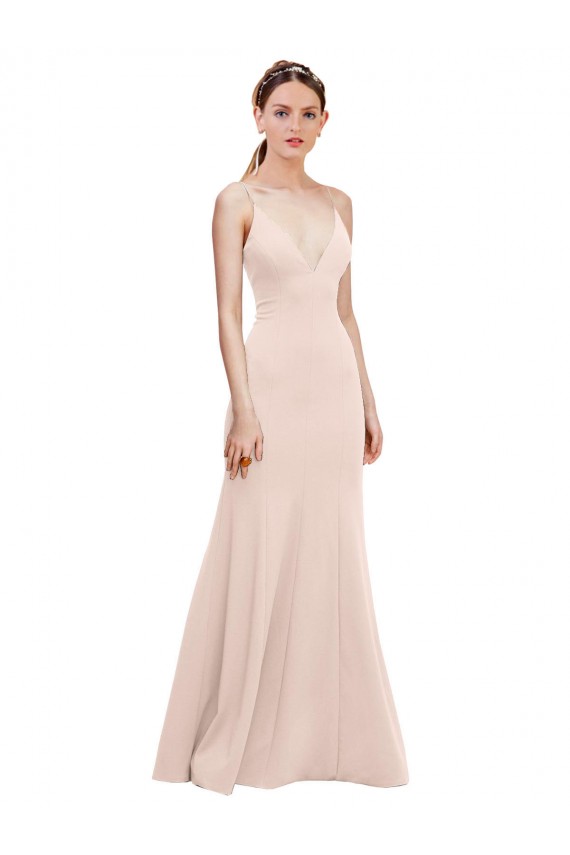 Affordable Sleeveless V-Neck Stretch Crepe Pink Long Formal Dress