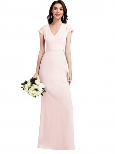 Affordable Cap Sleeves V-Neck Stretch Crepe Pink Long Formal Evening Dress