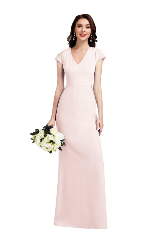 Affordable Cap Sleeves V-Neck Stretch Crepe Pink Long Formal Evening Dress