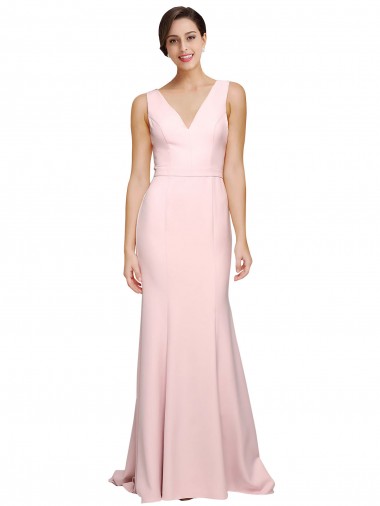 Affordable Sleeveless V-Neck Stretch Crepe Pink Sweep Train Semi Formal Evening Dress