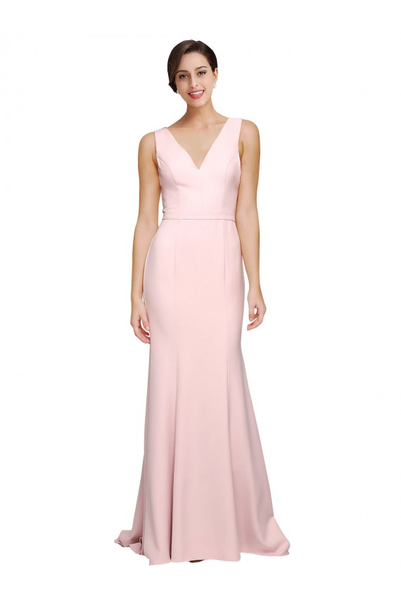 Affordable Sleeveless V-Neck Stretch Crepe Pink Sweep Train Semi Formal Evening Dress
