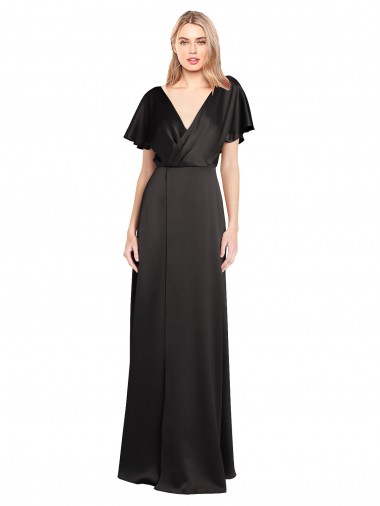 Affordable Cap Sleeves V-Neck Stretch Satin Black Long Evening Dress