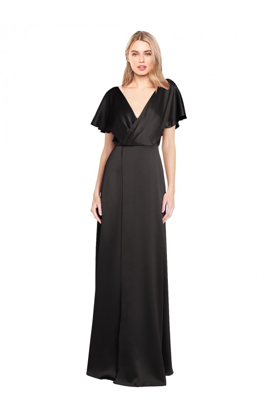 Affordable Cap Sleeves V-Neck Stretch Satin Black Long Evening Dress