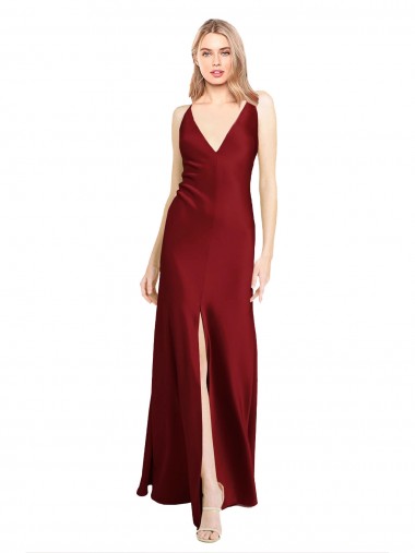 Affordable Sleeveless V-Neck Stretch Satin Burgundy Long Black Tie Evening Dress