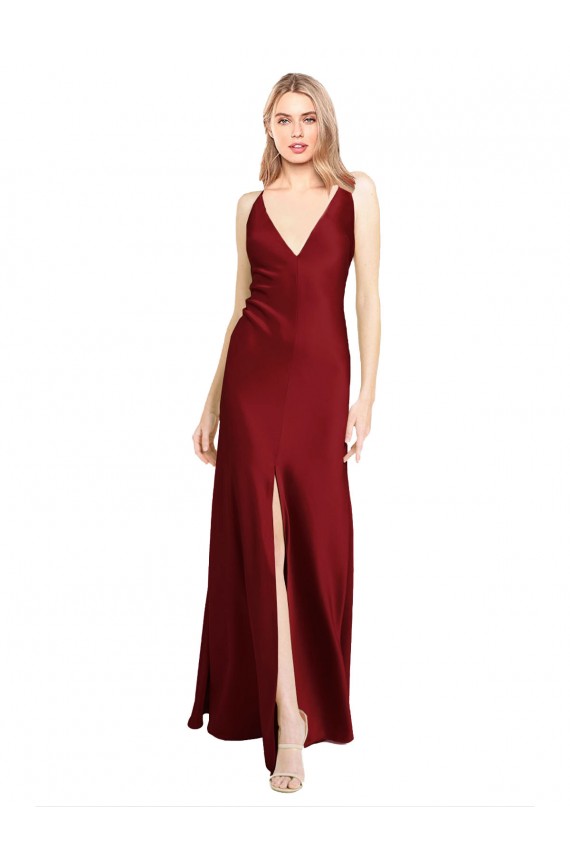 Affordable Sleeveless V-Neck Stretch Satin Burgundy Long Black Tie Evening Dress