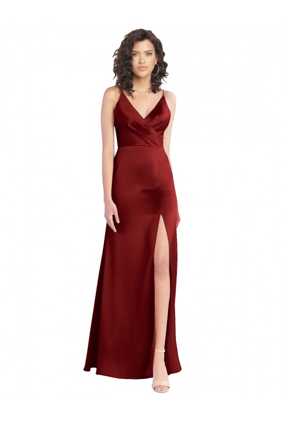 Affordable Sleeveless V-Neck Stretch Satin Burgundy Long Formal Dress