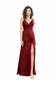 Affordable Sleeveless V-Neck Stretch Satin Burgundy Long Formal Dress