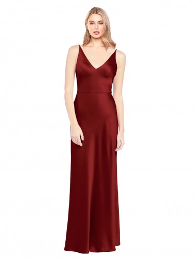 Affordable Sleeveless V-Neck Stretch Satin Burgundy Long Formal Evening Dress