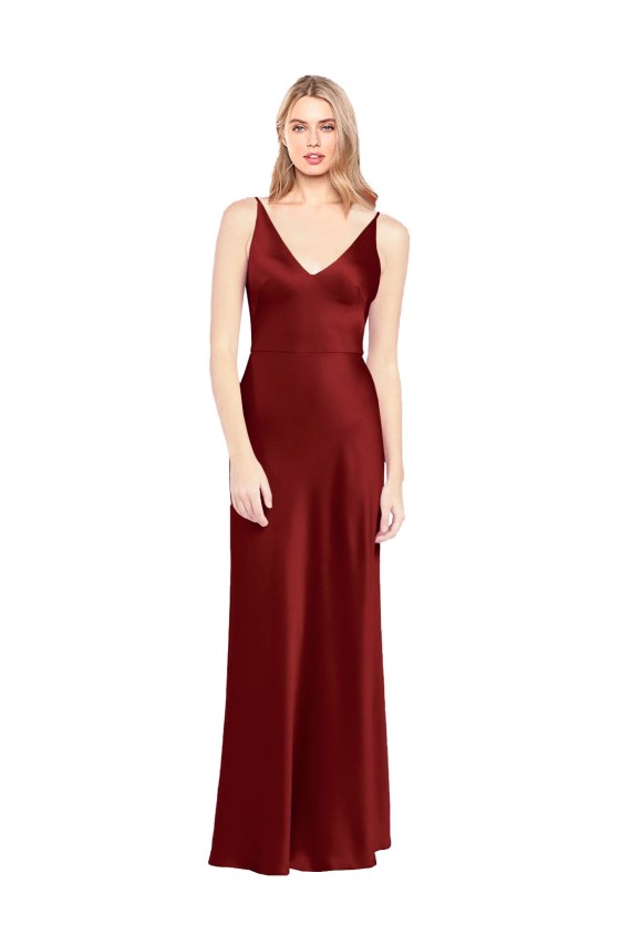 Affordable Sleeveless V-Neck Stretch Satin Burgundy Long Formal Evening Dress