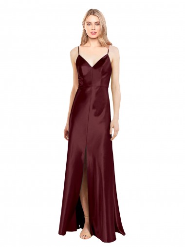 Affordable Sleeveless V-Neck Stretch Satin Burgundy Gold Long Evening Dress