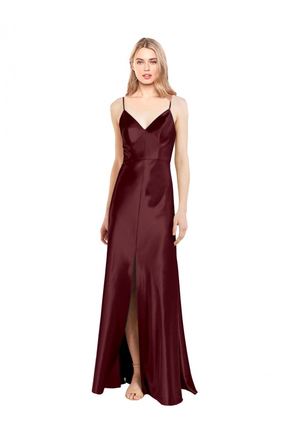 Affordable Sleeveless V-Neck Stretch Satin Burgundy Gold Long Evening Dress