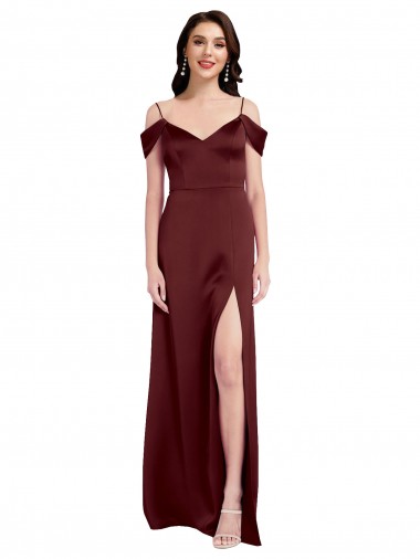 Affordable Sleeveless V-Neck Stretch Satin Burgundy Gold Long Formal Dress