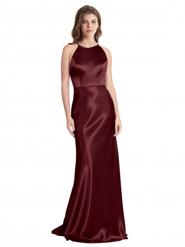 Affordable Sleeveless V-Neck Stretch Satin Burgundy Gold Long Formal Evening Dress