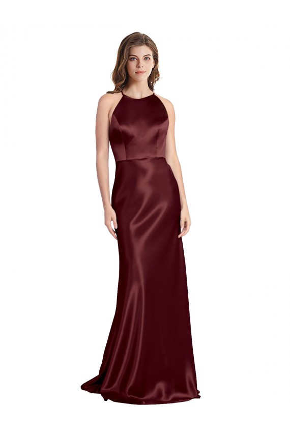 Affordable Sleeveless V-Neck Stretch Satin Burgundy Gold Long Formal Evening Dress
