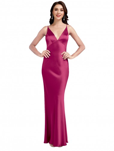 Affordable Sleeveless V-Neck Stretch Satin Fuchsia Long Formal Evening Dress