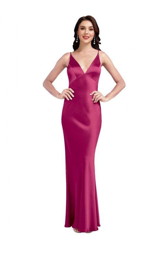 Affordable Sleeveless V-Neck Stretch Satin Fuchsia Long Formal Evening Dress