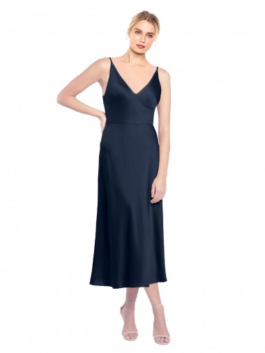 Affordable Sleeveless V-Neck Stretch Satin Dark Navy Midi Length Formal Evening Dress