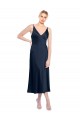 Affordable Sleeveless V-Neck Stretch Satin Dark Navy Midi Length Formal Evening Dress