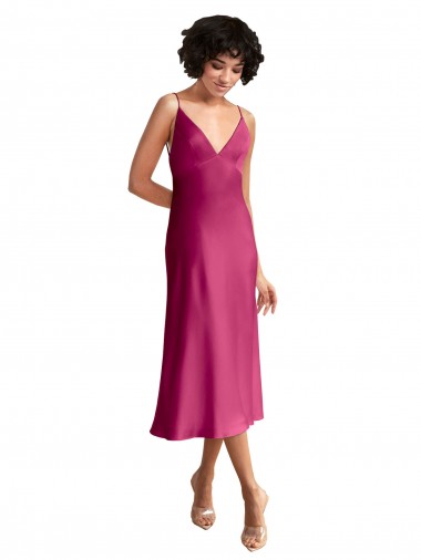 Affordable Sleeveless V-Neck Stretch Satin Fuchsia Midi Length Formal Evening Dress