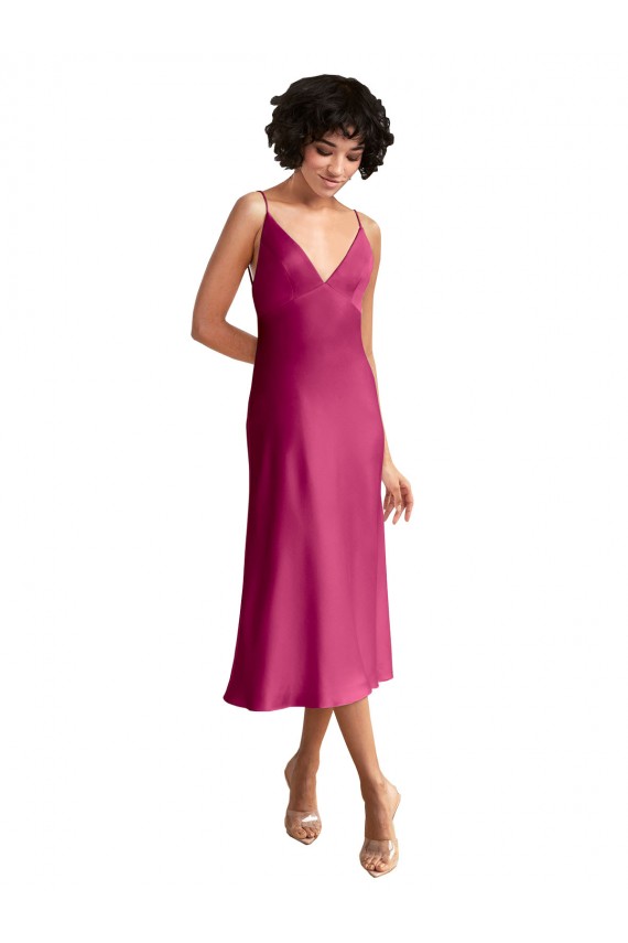 Affordable Sleeveless V-Neck Stretch Satin Fuchsia Midi Length Formal Evening Dress