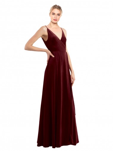 Affordable Sleeveless V-Neck Stretch Velvet Burgundy Long Evening Dress