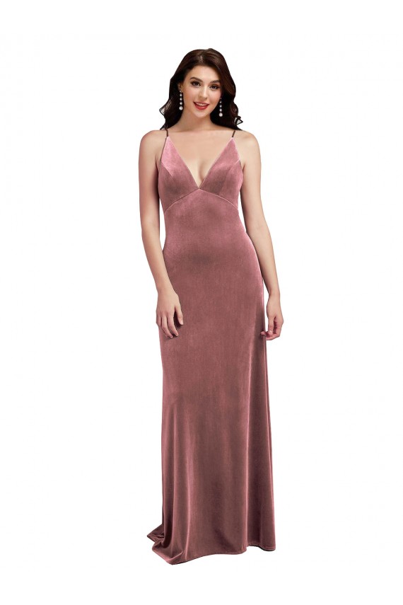 Affordable Sleeveless V-Neck Stretch Velvet Cinnamon Rose Long Formal Evening Dress