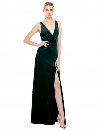 Affordable Sleeveless V-Neck Stretch Velvet Dark Green Long Black Tie Evening Dress