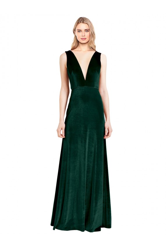 Affordable Sleeveless V-Neck Stretch Velvet Dark Green Long Evening Dress