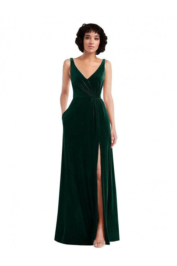 Affordable Sleeveless V-Neck Stretch Velvet Dark Green Long Evening Gowns