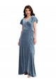 Affordable Flutter Sleeves V-Neck Stretch Velvet Dusty Blue Long Black Tie Evening Dress