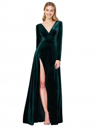 Affordable Long Sleeves V-Neck Stretch Velvet Dark Green Sweep Train Black Tie Evening Dress