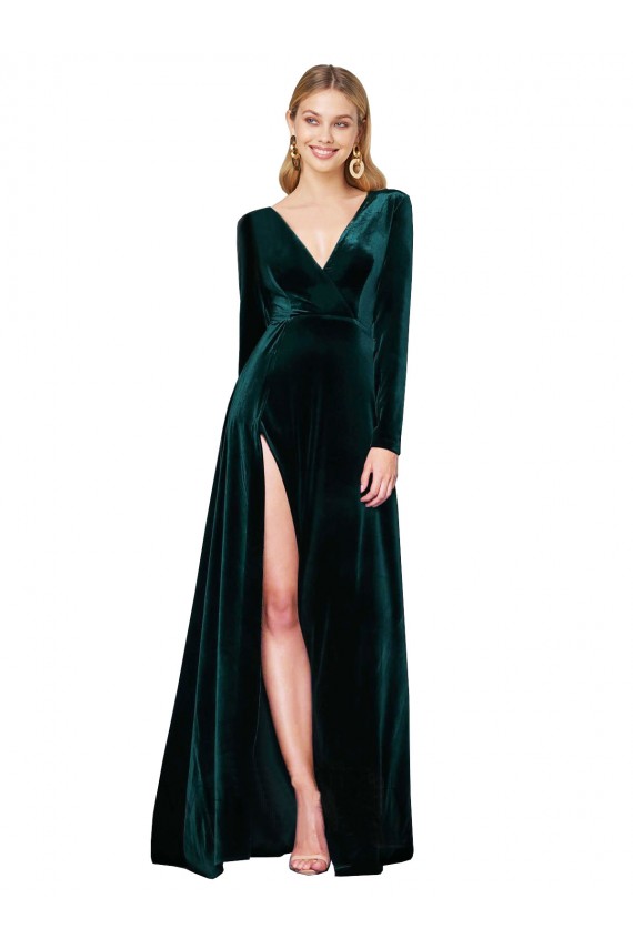 Affordable Long Sleeves V-Neck Stretch Velvet Dark Green Sweep Train Black Tie Evening Dress
