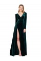 Affordable Long Sleeves V-Neck Stretch Velvet Dark Green Sweep Train Black Tie Evening Dress