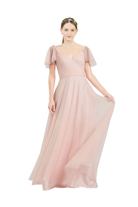 Affordable Flutter Sleeves V-Neck Tulle Pink Long Formal Dress