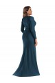 Affordable Long Sleeves V-Neck Silky Satin Atlantic Blue Long Plus Size Formal Evening Dress