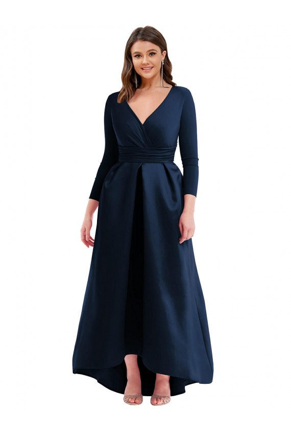 Affordable Long Sleeves V-Neck Spandex Dark Navy Long High Low Plus Size Evening Dress