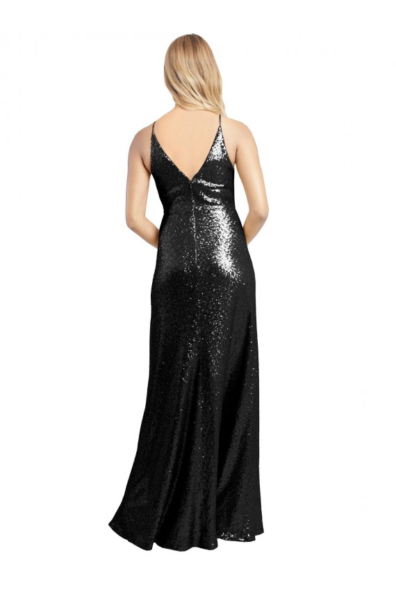 Affordable Sleeveless V-Neck Sequin Black Long Formal Evening Dress