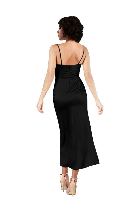 Affordable Sleeveless Cowl Neck Silky Satin Black Tea Length Formal Evening Dress