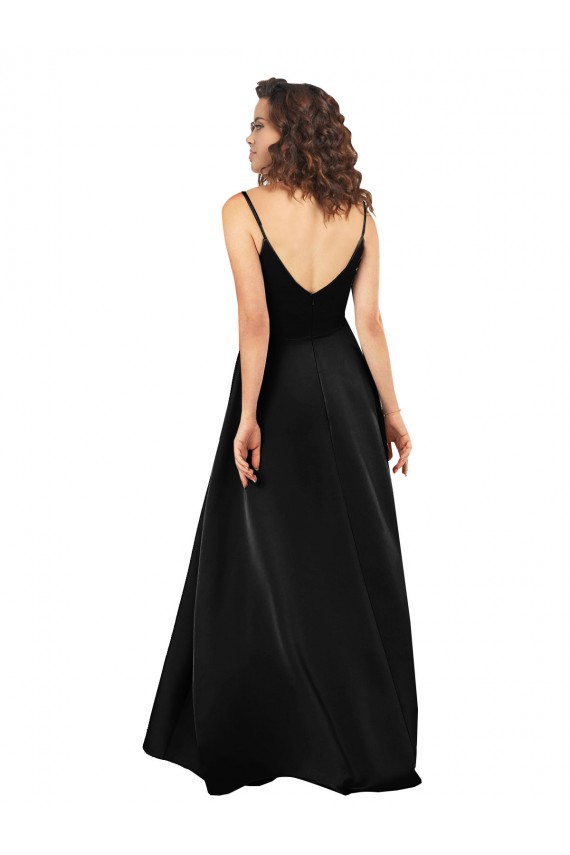 Affordable Sleeveless V-Neck Silky Satin Black Long High Low Evening Dress