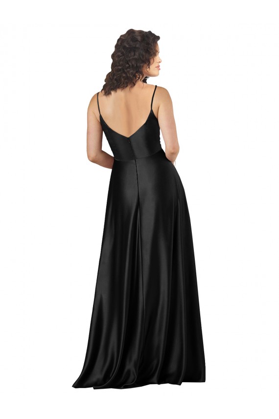 Affordable Sleeveless V-Neck Silky Satin Black Long Formal Dress