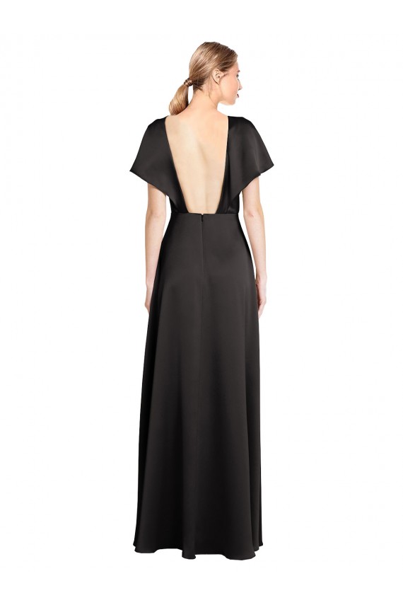 Affordable Cap Sleeves V-Neck Stretch Satin Black Long Evening Dress