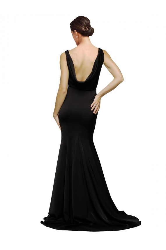 Affordable Sleeveless V-Neck Silky Satin Black Sweep Train Formal Evening Dress