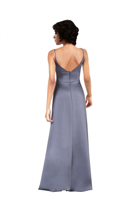 Affordable Sleeveless V-Neck Silky Satin Black Column Long Formal Evening Dress