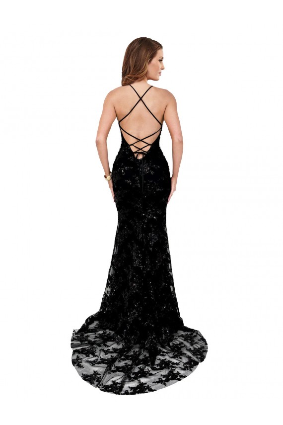 Affordable Sleeveless High Neck Lace Black Long Black Tie Evening Dress