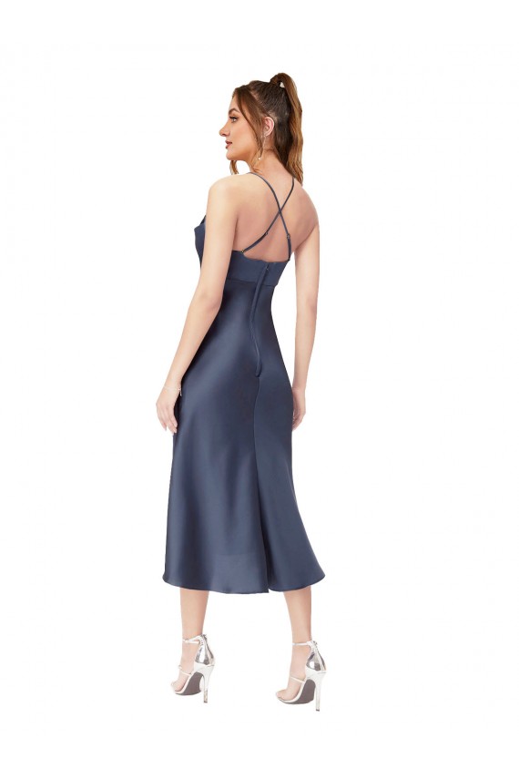 Affordable Sleeveless Cowl Neck Silky Satin Black Midi Length High Low Evening Dress
